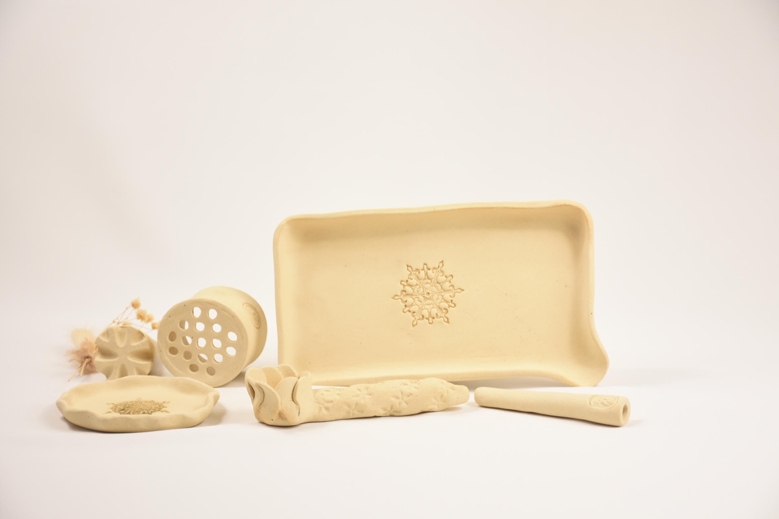Ceramic Art Collection "Nuweiba Sands" | Handmade Beige Speckled Tray, Sculptural Set & Vessel
