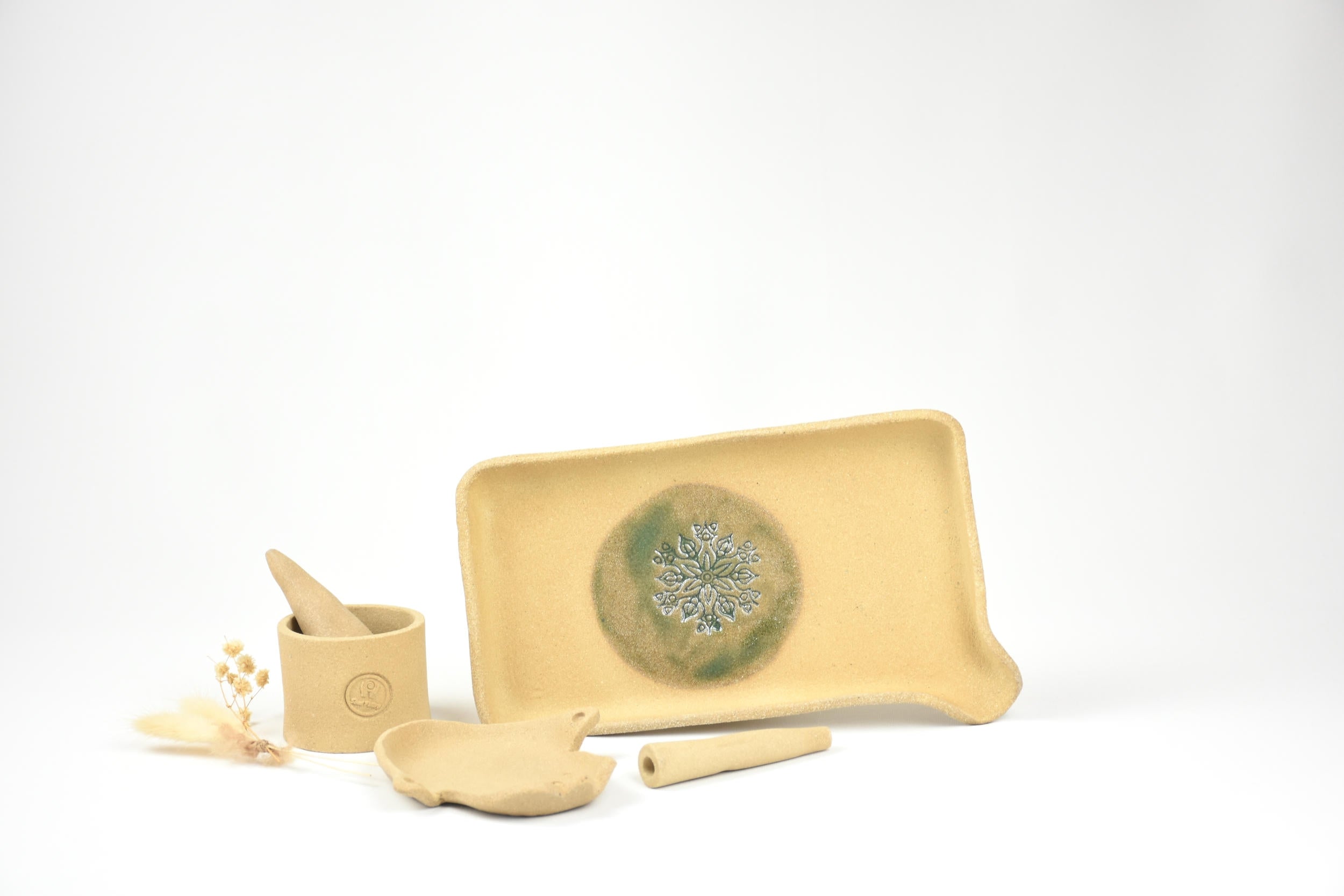 Ceramic Art Collection "The Sinai Oasis" | Handmade Beige Tray, Glazed Vessel & Sculptural Set