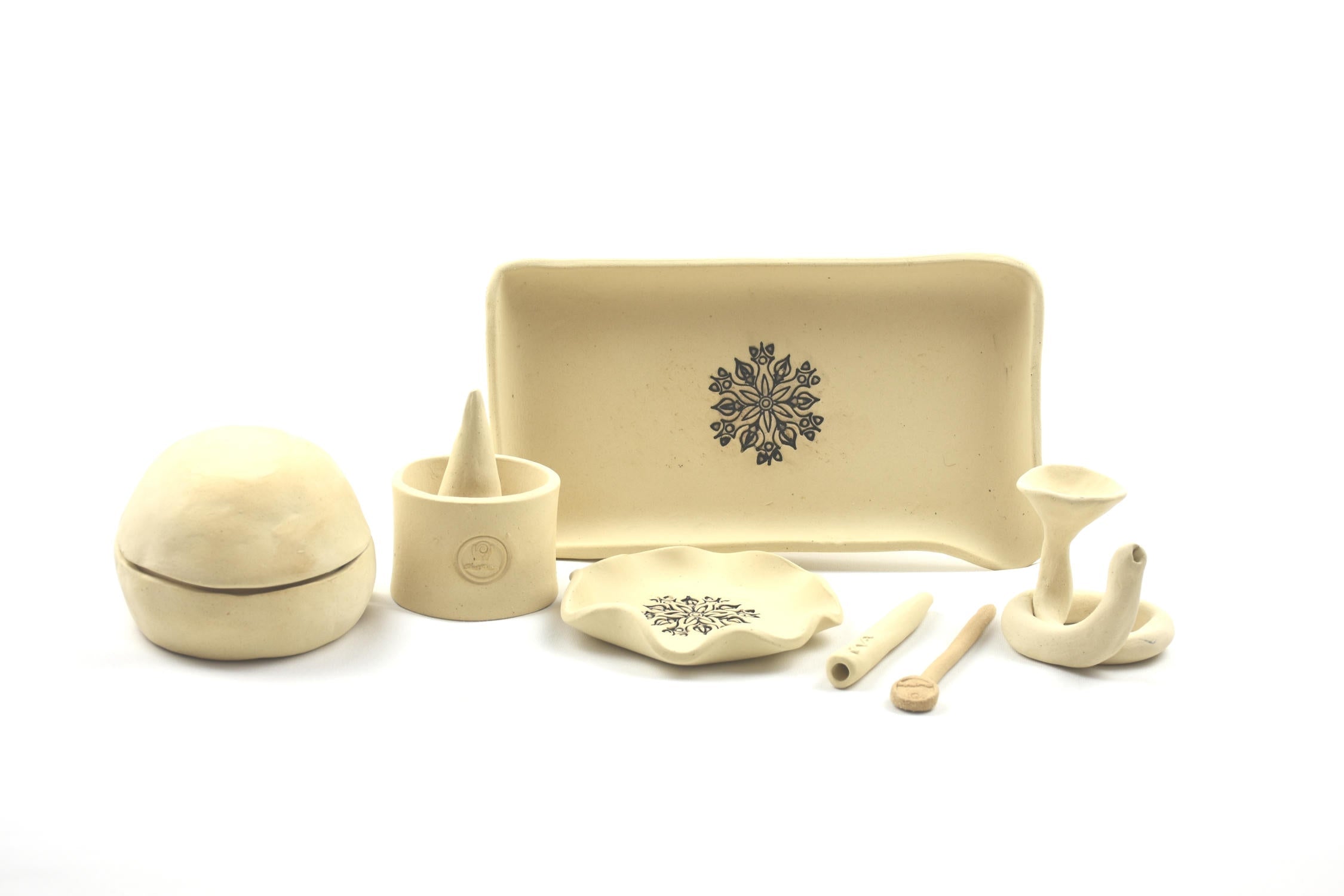 Ceramic Botanicals Set "The Nomad's Provision" | Handmade Beige Tray & Curved Burner Bundle | Herb Crusher, Storage Jar & Ash Dish