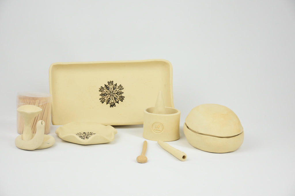 Ceramic Botanicals Set "The Nomad's Provision" | Handmade Beige Tray & Curved Burner Bundle | Herb Crusher, Storage Jar & Ash Dish