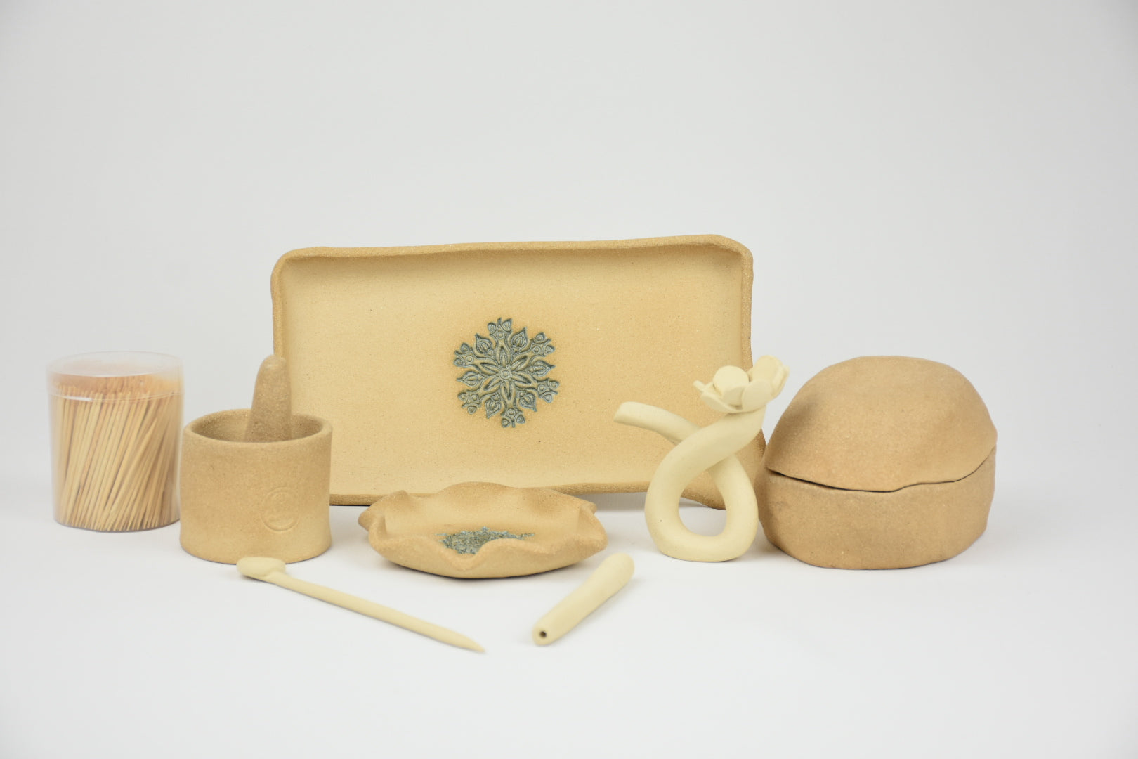 Ceramic Botanicals Set "The Hidden Spring" | Handmade Mixed Clay Tray & Infinity Burner Kit | Herb Crusher, Storage Pebble & Glazed Dish