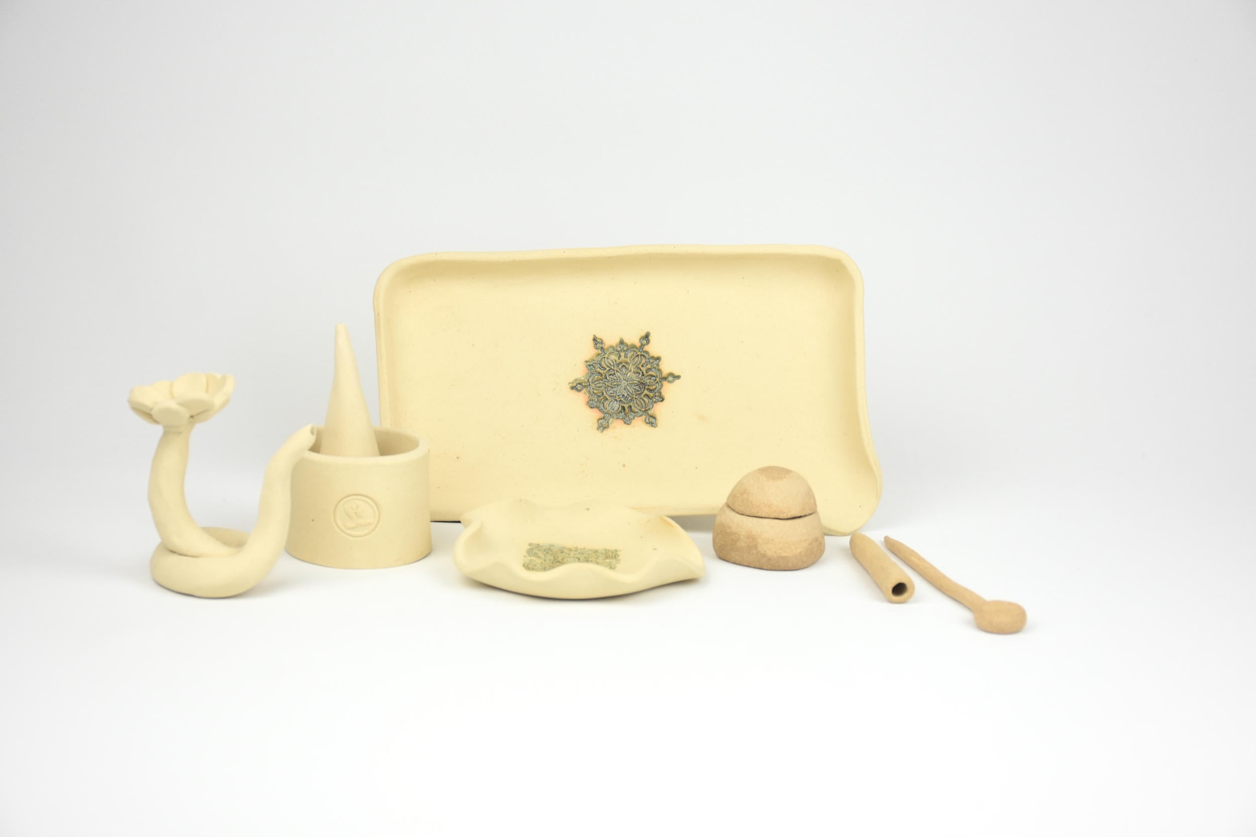 Ceramic Botanicals Set "The Desert Mirage" | Handmade Mixed Clay Tray & Curved Burner Kit | Herb Crusher, Storage Pebble & Glazed Dish