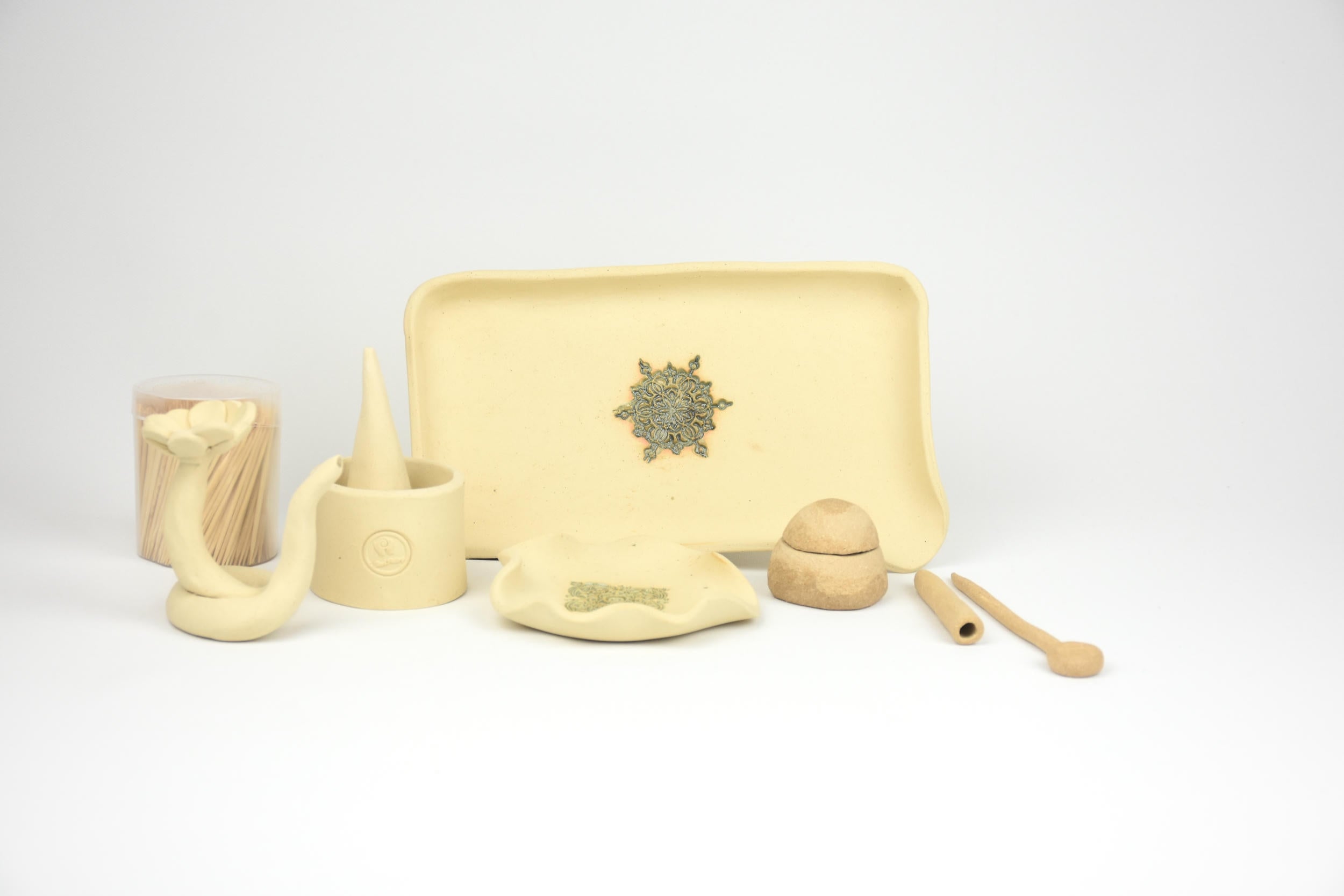 Ceramic Botanicals Set "The Desert Mirage" | Handmade Mixed Clay Tray & Curved Burner Kit | Herb Crusher, Storage Pebble & Glazed Dish