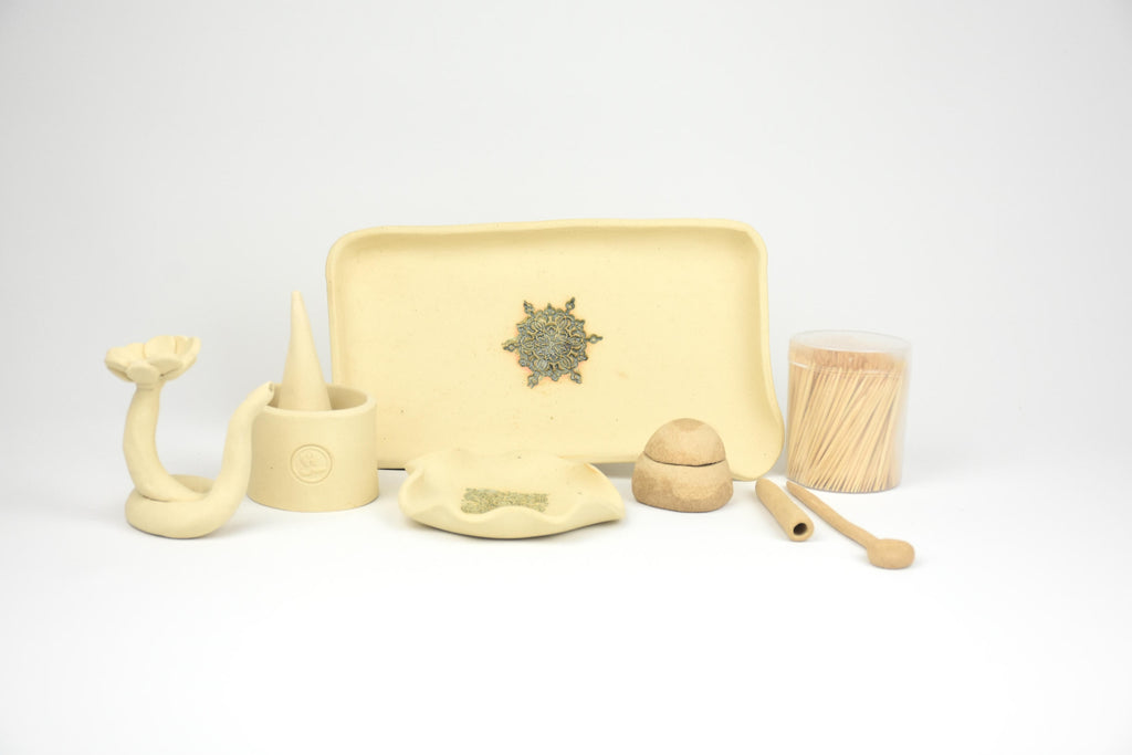 Ceramic Botanicals Set "The Desert Mirage" | Handmade Mixed Clay Tray & Curved Burner Kit | Herb Crusher, Storage Pebble & Glazed Dish